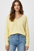 Yellow Fine Knit V-Neck Sweater with Subtle Linear Texture