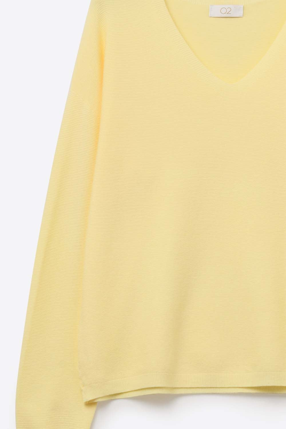 Yellow Fine Knit V-Neck Sweater with Subtle Linear Texture