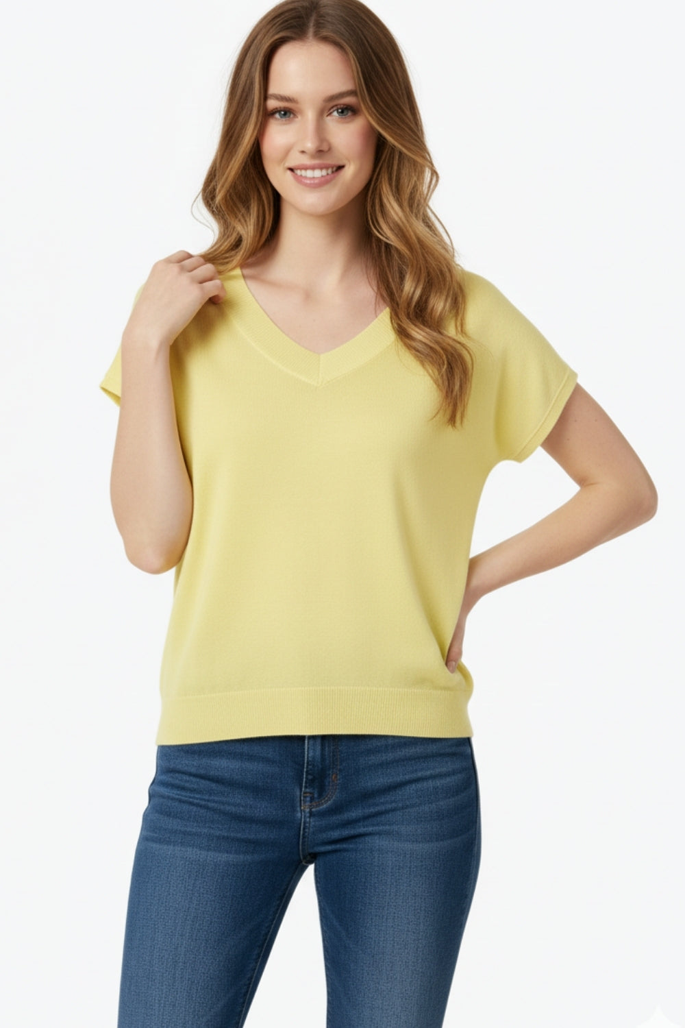 yellow fine knit V-neck sweater