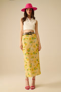 Yellow Fitted midi skirt with lemon print in mesh fabric