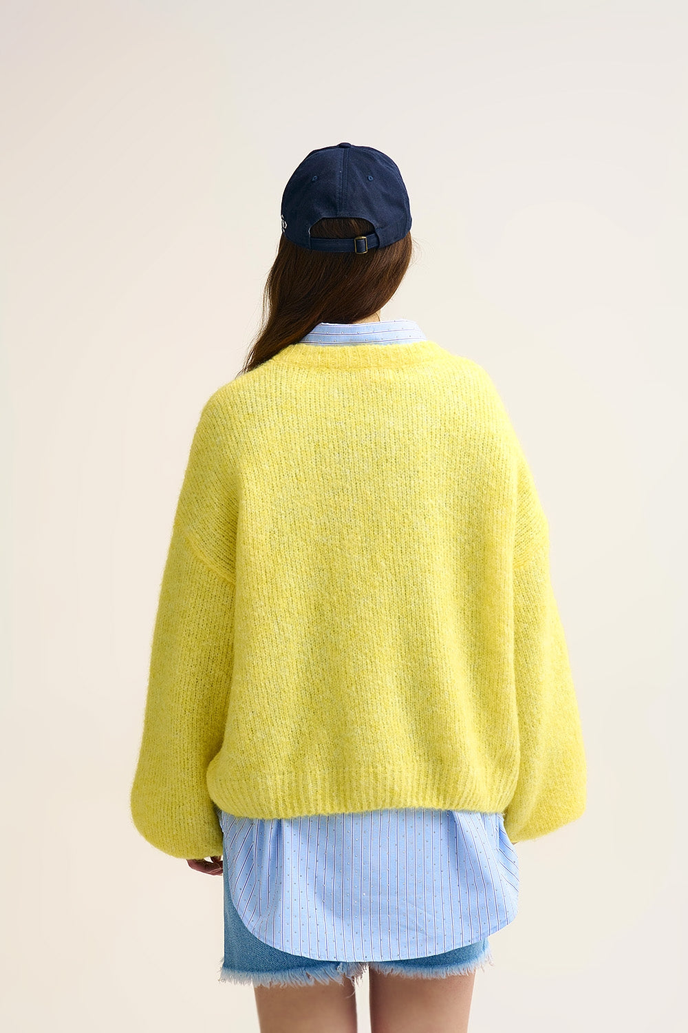 yellow Fluffy Knit Sweater with Wide Sleeves