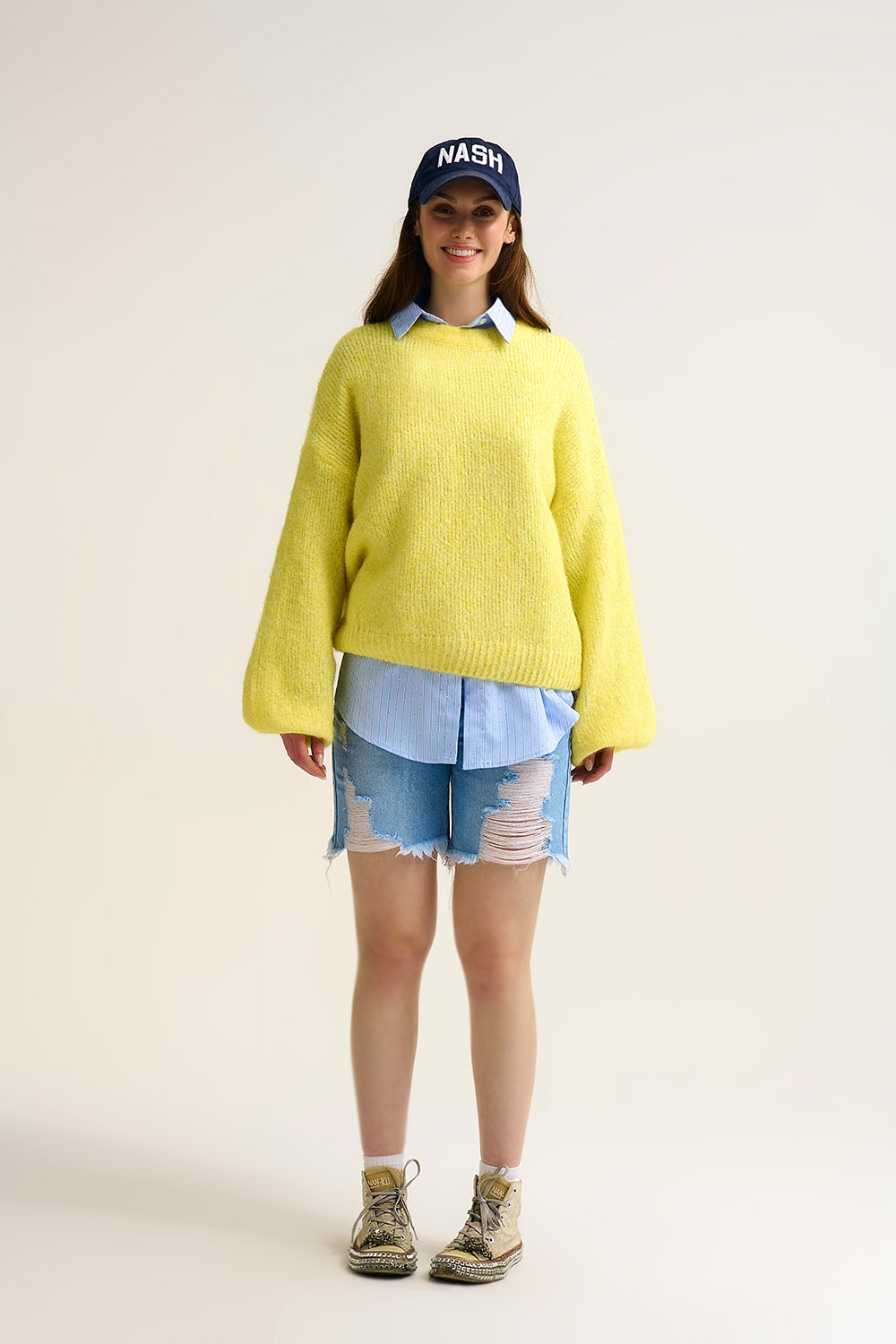 yellow Fluffy Knit Sweater with Wide Sleeves