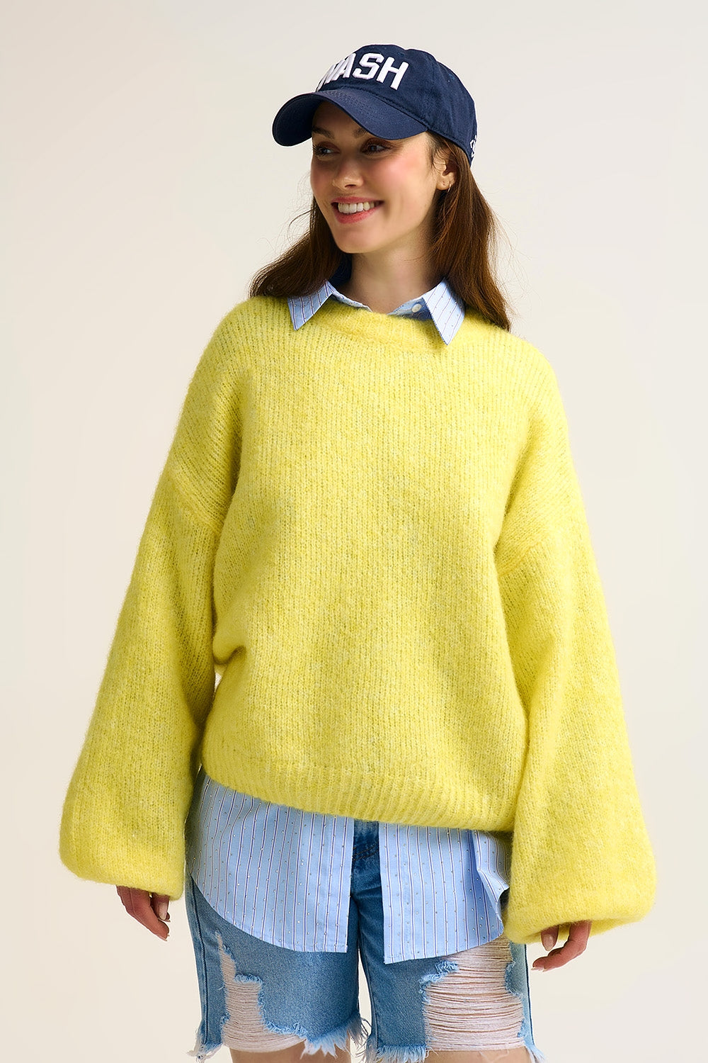 yellow Fluffy Knit Sweater with Wide Sleeves