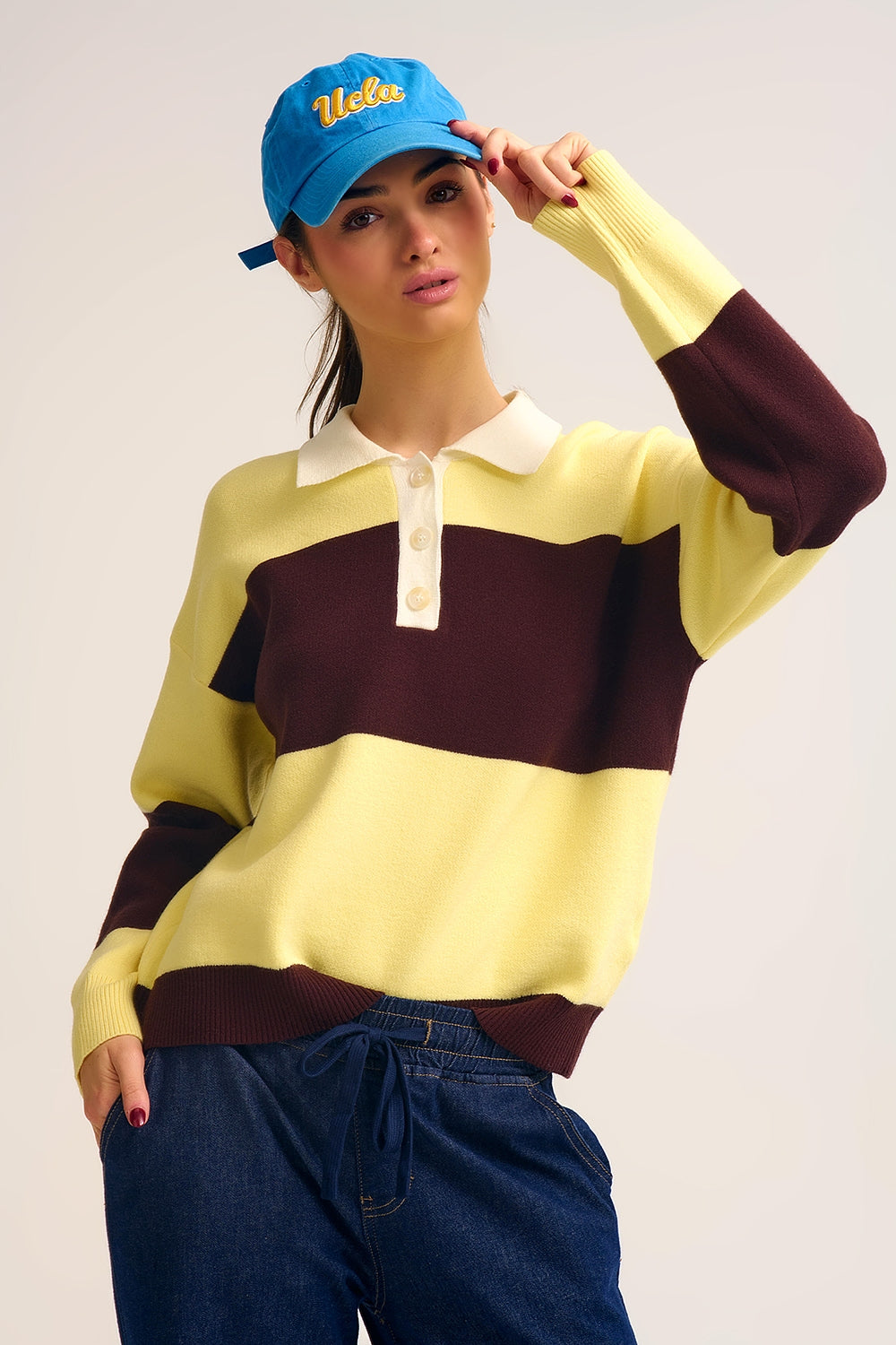 Yellow Knit Polo Sweater with Brown Stripes