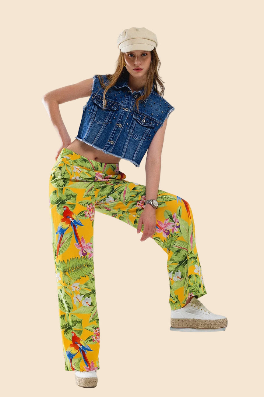 Q2 Yellow Pants with Tropical Print with Zip Side