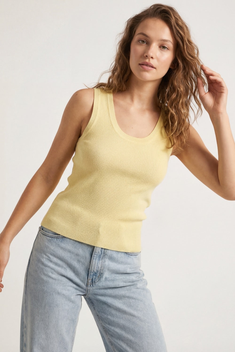 Yellow Ribbed Knit Sleeveless Tank Top with scoop neck