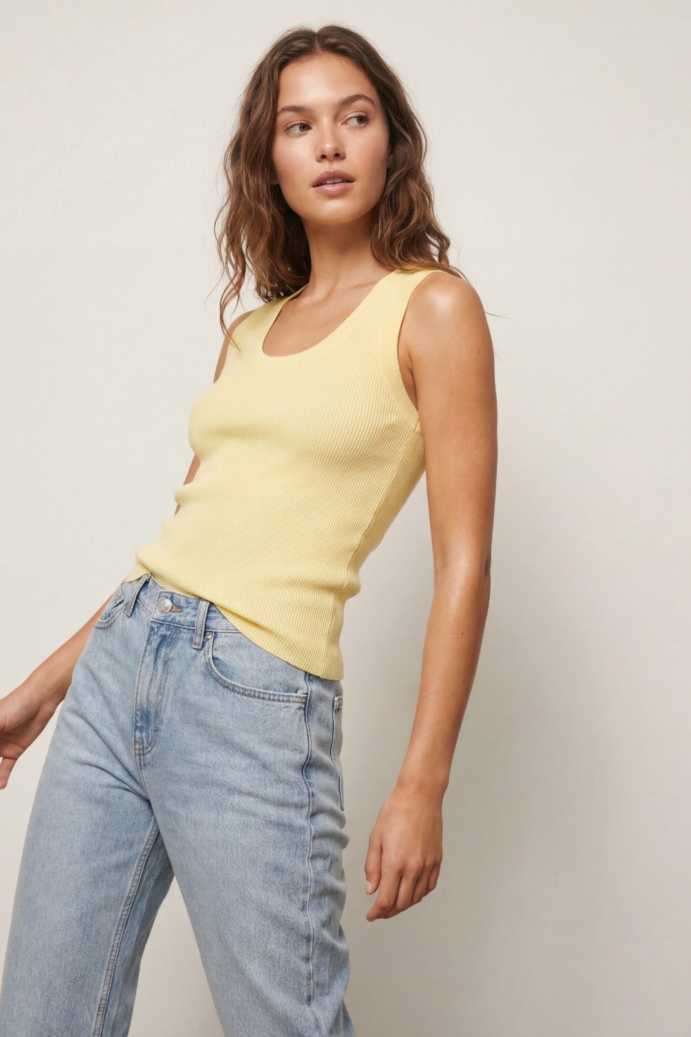 Yellow Ribbed Knit Sleeveless Tank Top with scoop neck