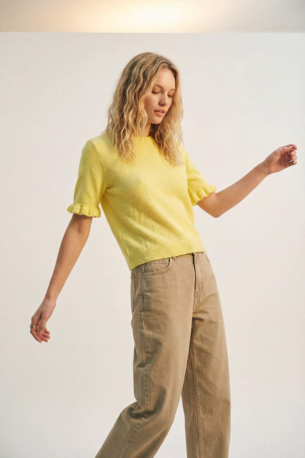 Yellow Soft fluffy Knit sweater with Ruffled Sleeve Detail