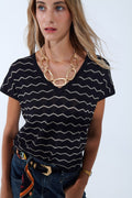 Zigzag V-Neck Knit sweater with dropped sleeves in black